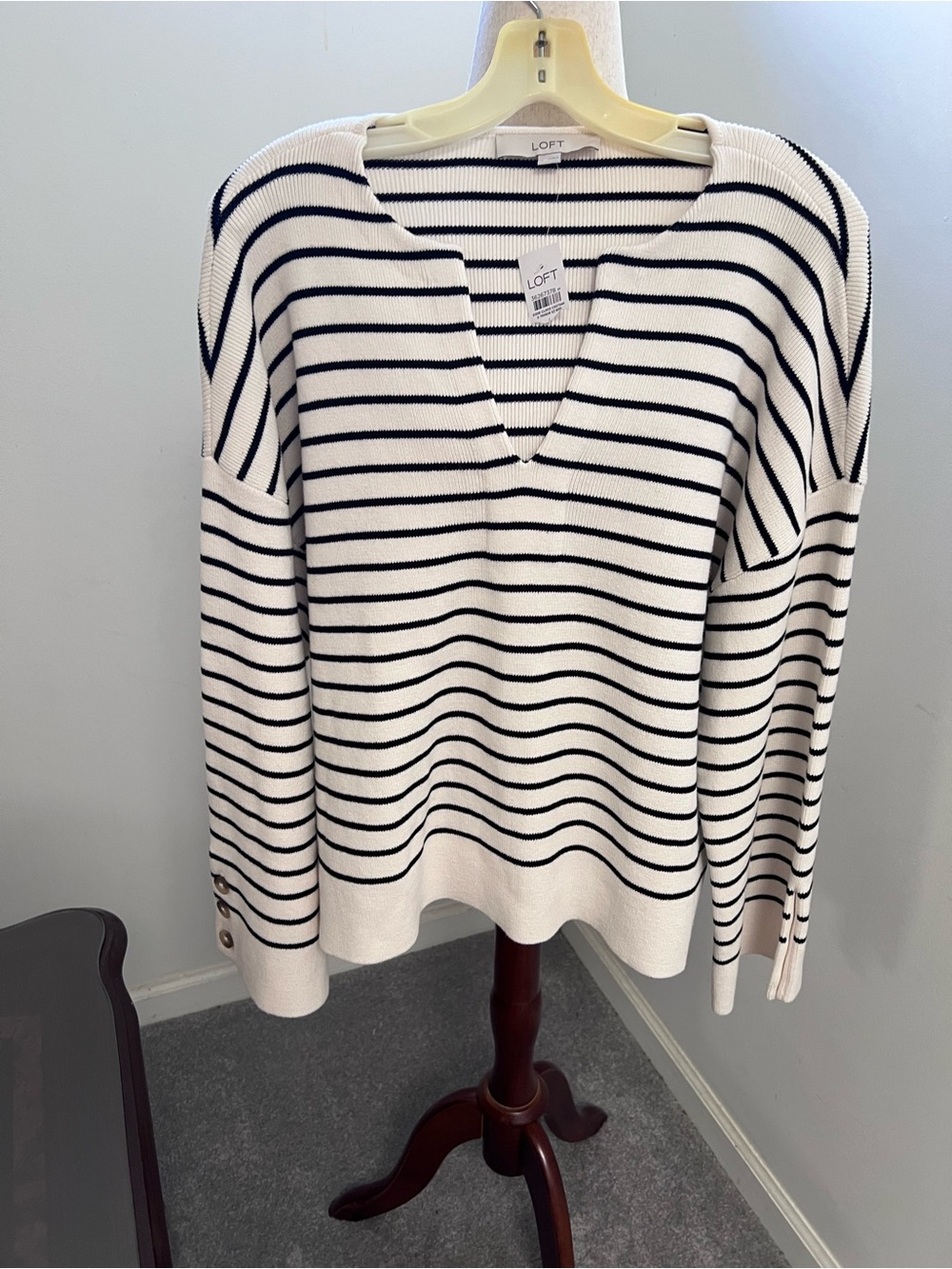 NWT LOFT Striped Button-Sleeve Split-Neck Sweater - Size Large